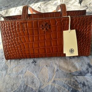 Tory Burch Cognac Croc Embossed Handbag